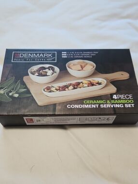 Denmark 4-Piece Ceramic & Bamboo Condiment Serving Set in White